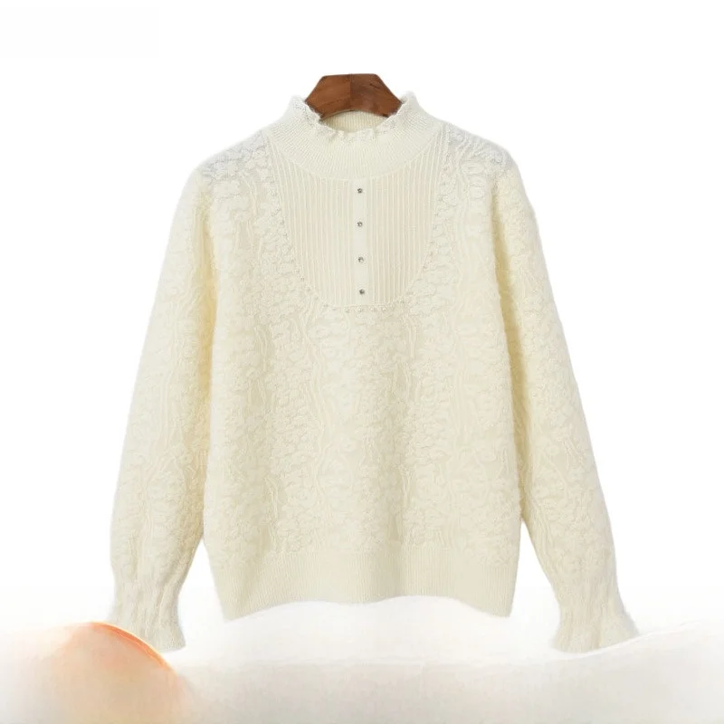 Maglione in pelliccia di visone Sweet Sle Thi con legno ain Nuovo inverno 2025 da donna Faion Pearl Embellished Loose Fit Long Sve