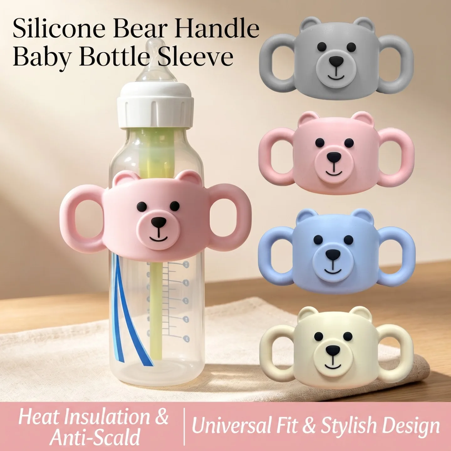 Silicone Anti-Drop Sleeve for Standard Baby Bottles, Cute Bear-Shaped Handle, Soft & Durable Protective Grip and Newborn Gift
