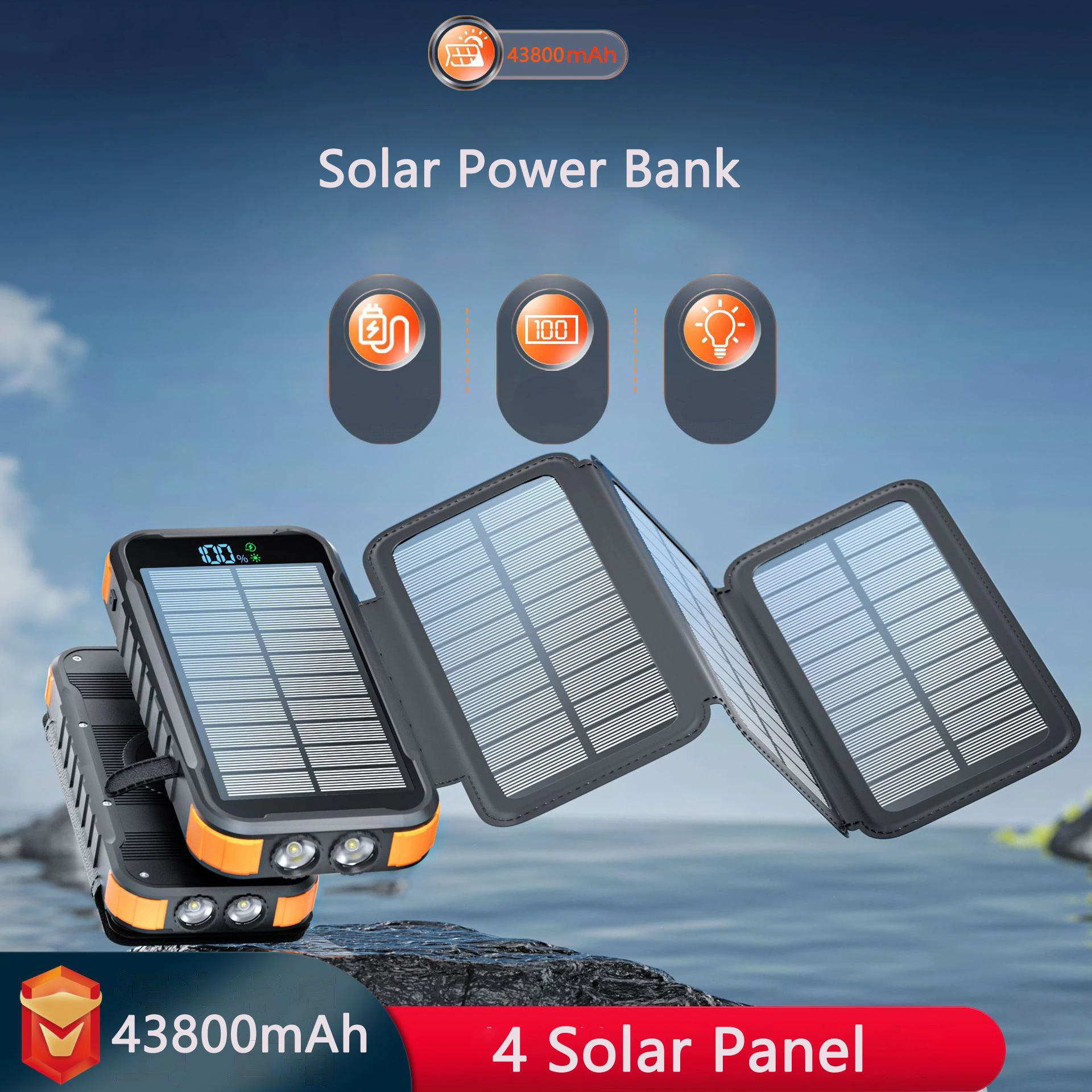 

Portable Solar Power Bank 18W Fast Charging Built in Cable Type C External Battery Charger Strong Light 43800mAh Solar Charging