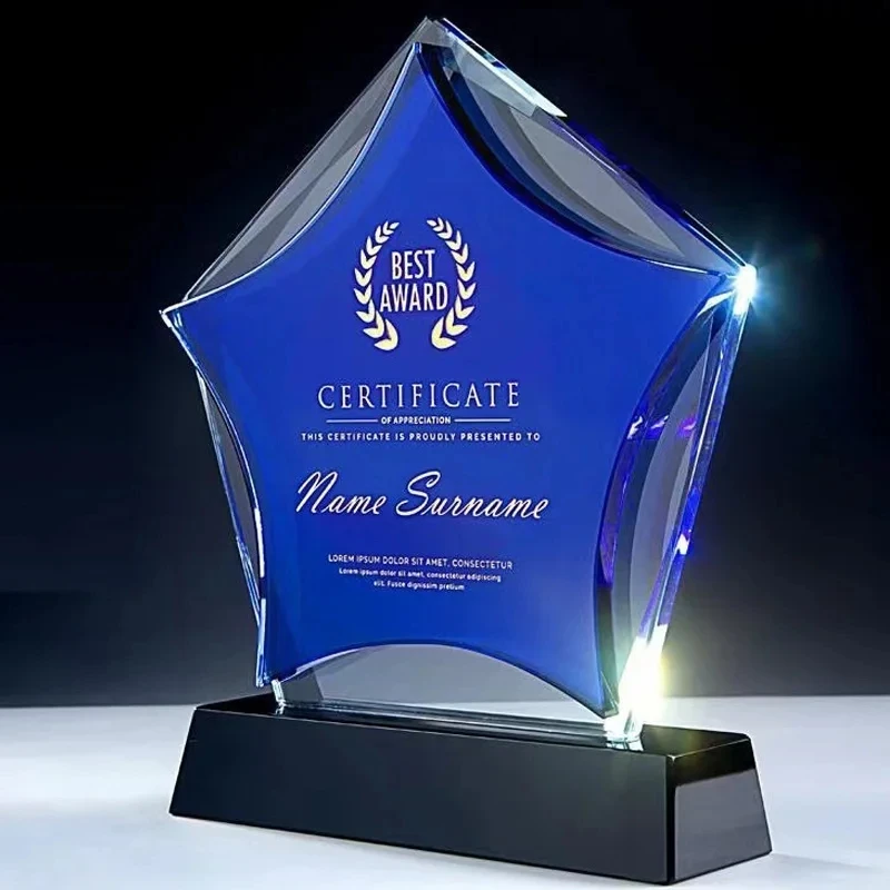 Custom Blue Five-Pointed Star Crystal Trophy Excellent Staff Award Souvenir Honor Certificate Award Cup Home Decoration