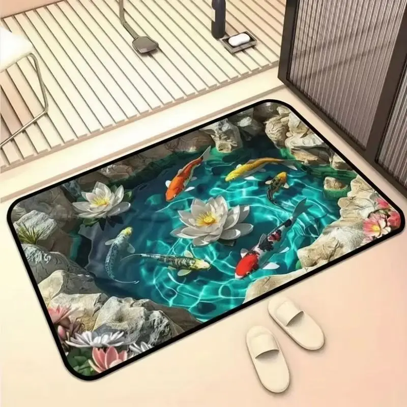 VIKAMA Blue Green Koi Fish Stone Bathroom Mat Door Mat Durable Non Slip Bathroom Non Slip Backing Kitchen Decor Home Decor