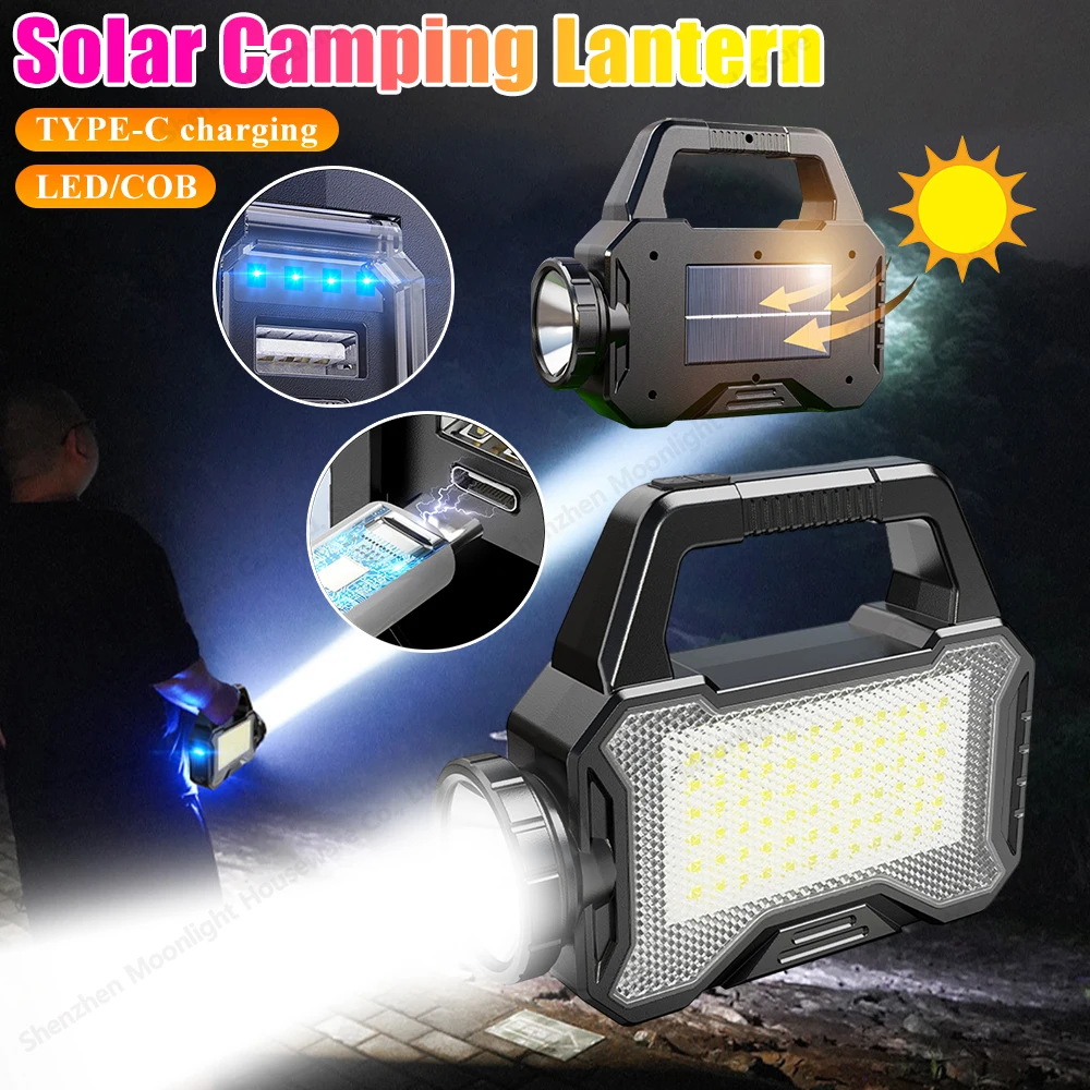 Linternas de alta potencia, luz de trabajo recargable para acampar, luz portátil multifuncional, carga Solar + tipo C para senderismo y pesca