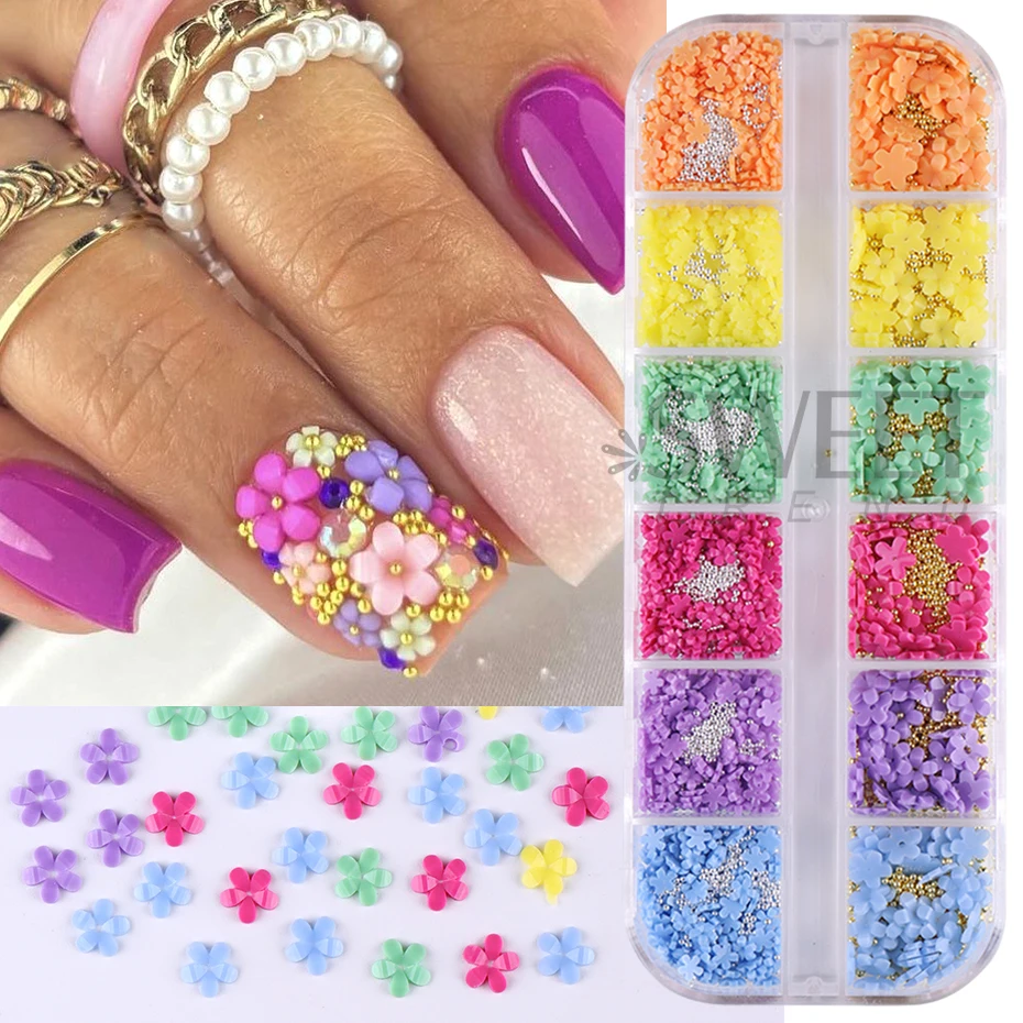 Dijes de flores pequeñas coloridas para uñas, decoración con cuentas de Caviar doradas y plateadas, manicura Floral acrílica, joyería de diamantes de imitación, 12 rejillas