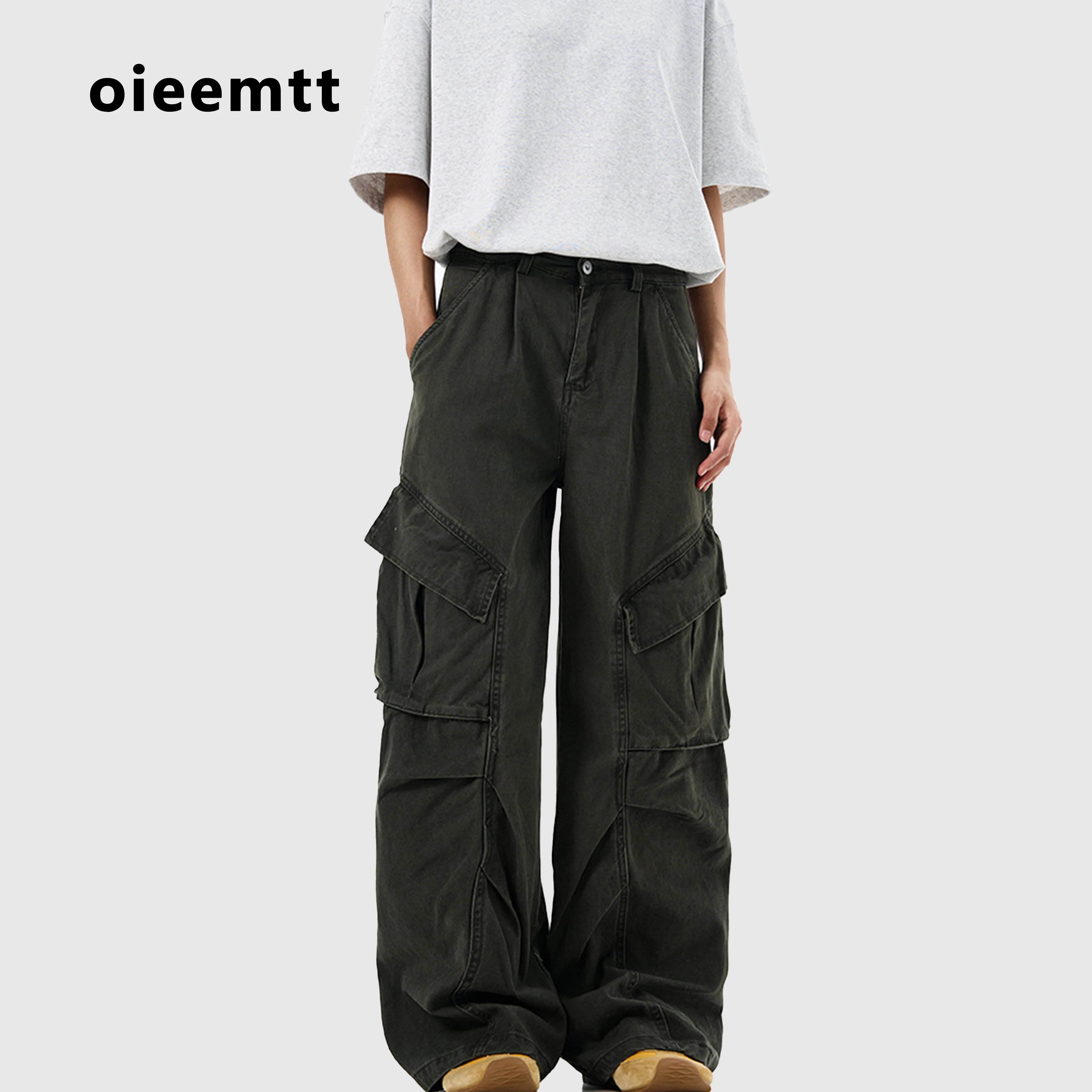 100 % Baumwolle, Seitentasche, High Street Wisch-Cargohose, lange Oversize-Hose, Unisex, lässig, Vintage, weites Bein, lockere Hose