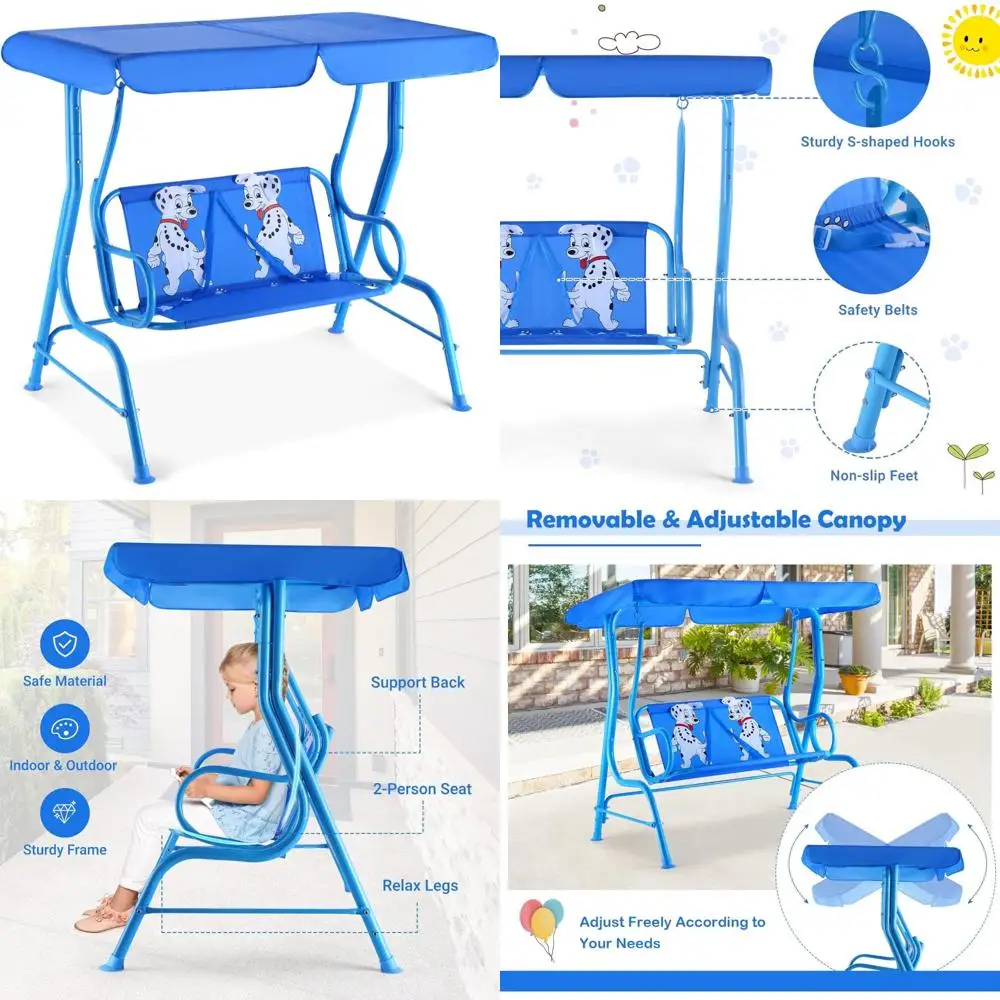 

Two-Seat Kids Patio Swing with Adjustable Canopy, Safety Belt, Metal Frame Hanging Outdoor Swing Bench
