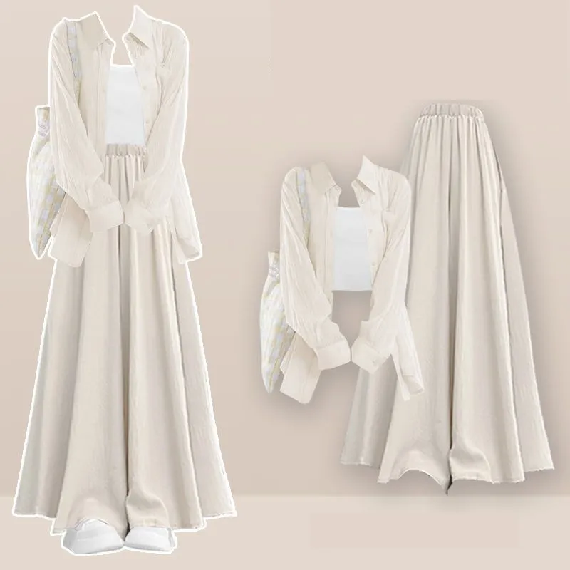 2026 Women Summer New Fashion Sunscreen Shirt+Strap+Casual Skirt Pants 3-Piece Suit Korean Elegant Loose Tracksuit Matching Set