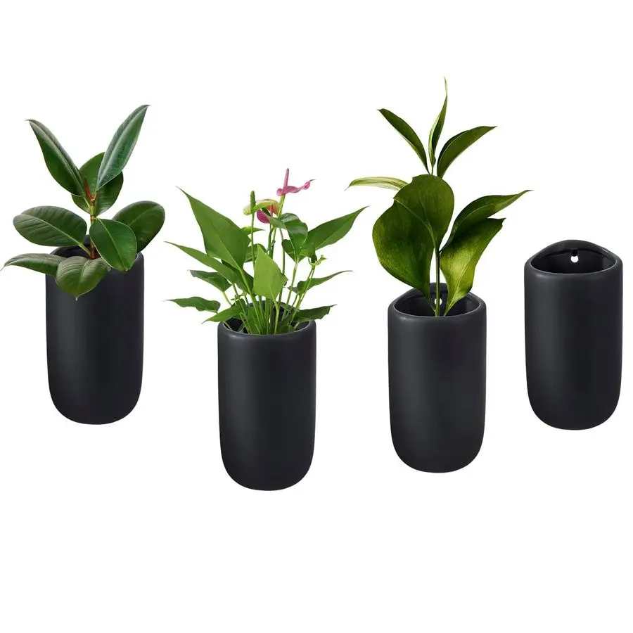 

7.5 Inch Wall Mounted Modern Matte Black Ceramic Cylindrical Plant Containers, Floating Succulent or Herb Planter Pots, Vertical