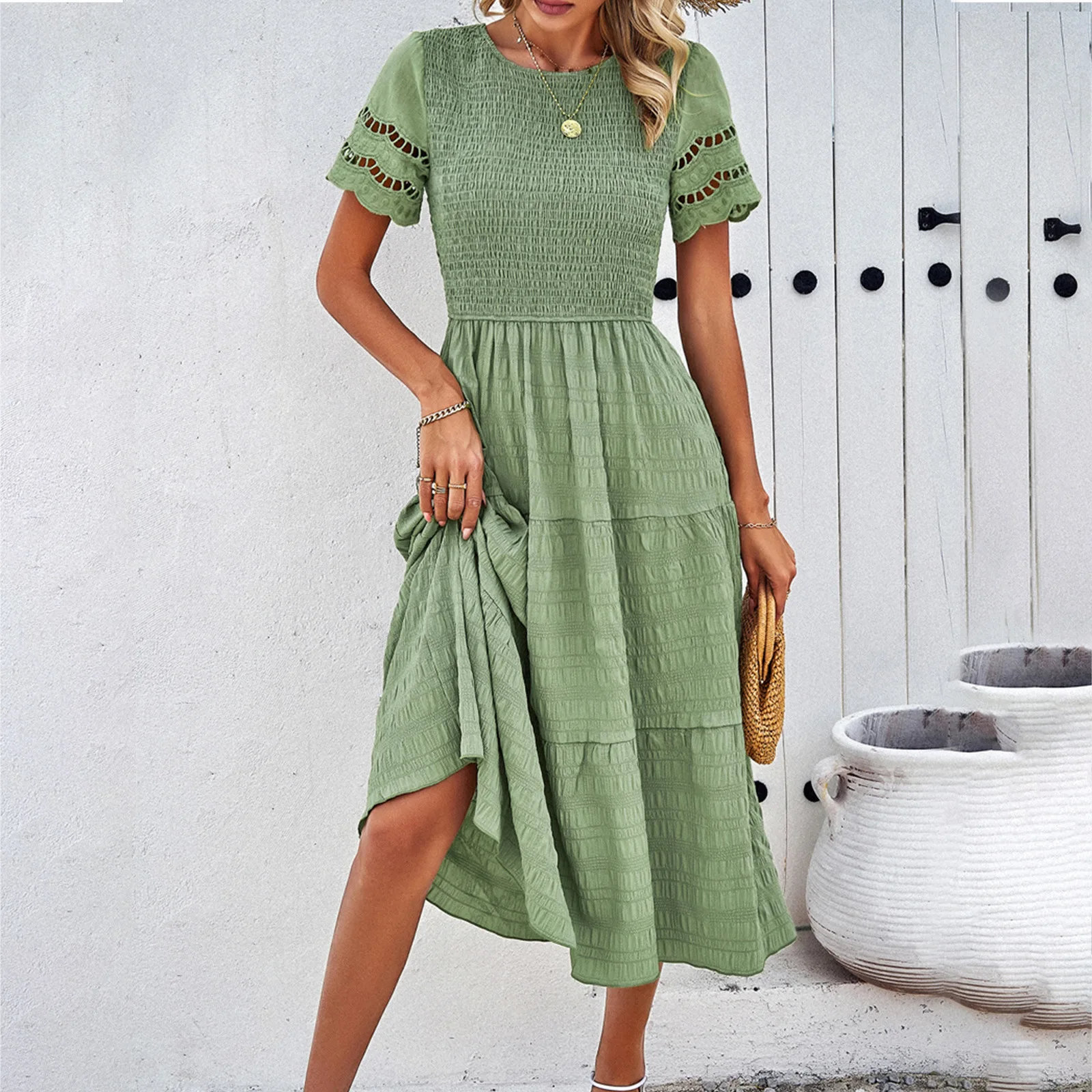 

Spring Summer New Solid Color Dress Women Elegant Round Neck Lace Spliced ​​short Sleeve Elastic Waist A-line Long Dresses
