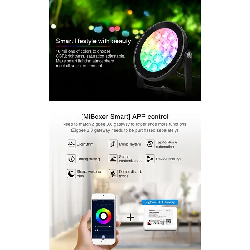 Miboxer FUTC02Z Zigbee 3.0 9W RGB + CCT LED Garden Light Waterproof IP66 Lawn Lamp Smart Outdoor Light
