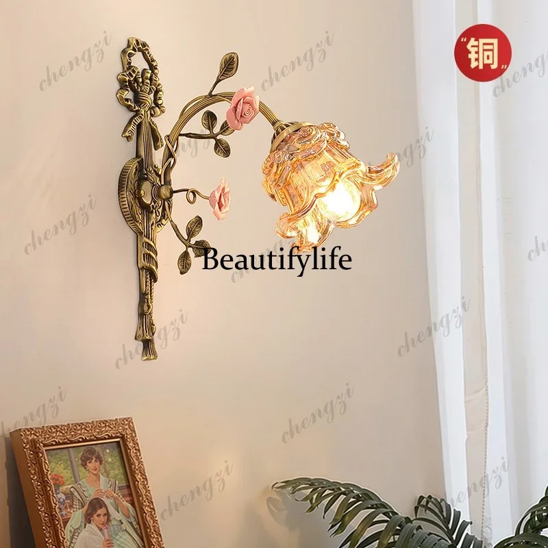 01A retro bedroom wall lamp medieval pastoral court European ceramic flower background wall wall lamp