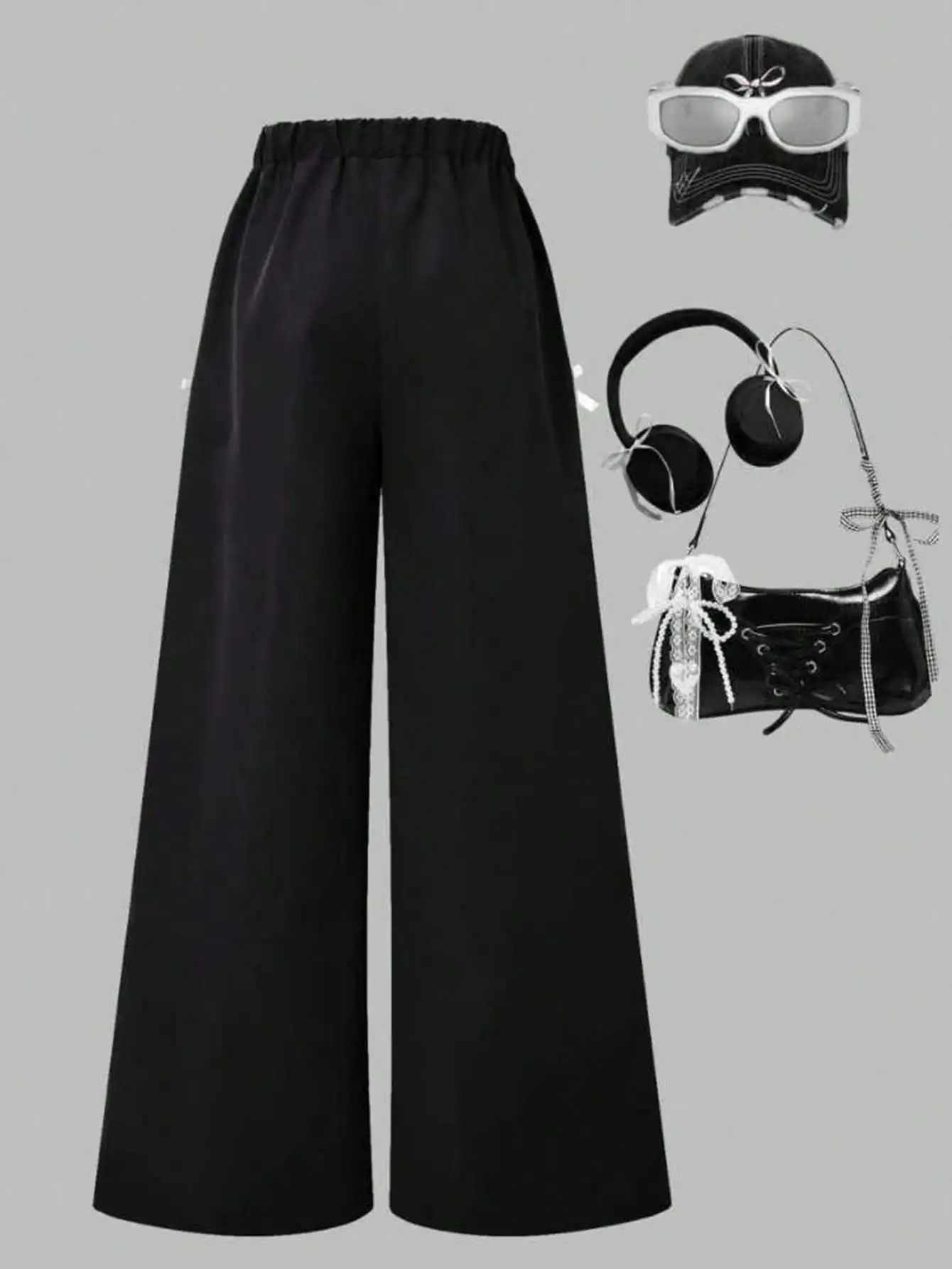 Girls' fashionable wide leg pants for spring and autumn, girls' outdoor casual simple lace edge bow pants