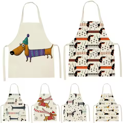 Kitchen Linen Aprons Funny Dachshund Print Sleeveless Aprons Mens Womens Home Cleaning Aprons Cafe Baking Accessories