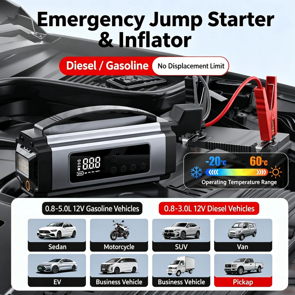 Multi‑Functional Car Jump Starter Air Compressor Inflator Pump LED Emergency Light Wireless Wired 12V Vehicle Booster Power Bank