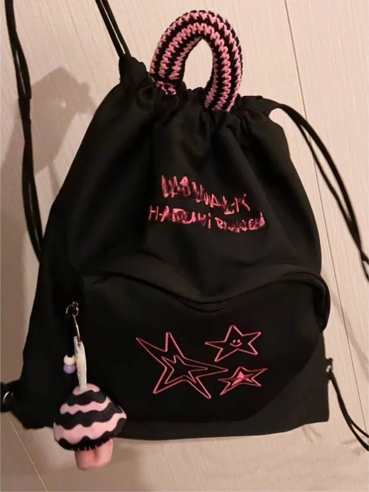 Mochila con cordón para mujer, bolso de viaje con bordado coreano, letras de estrellas, informal, a la moda, de diseñador