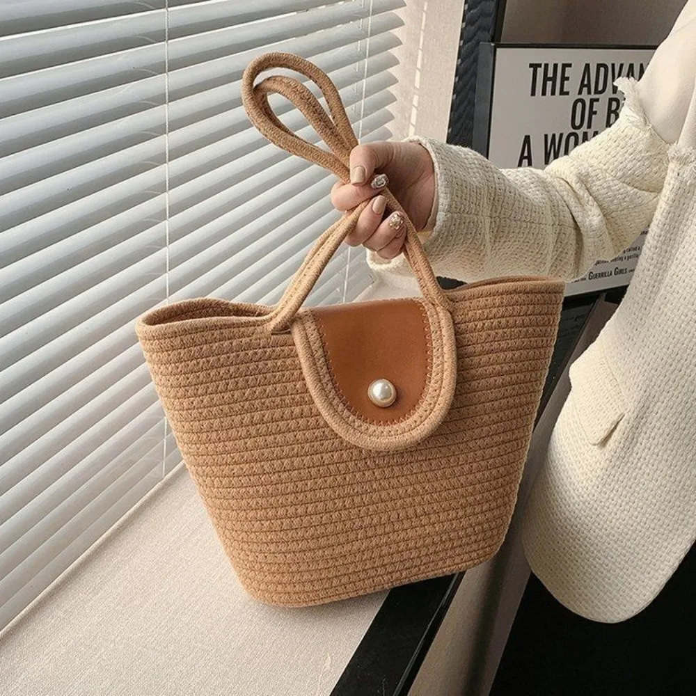 

New Summer Travel Braided Tote Bag INS Trends Large Capacity Cotton Rope Handbag Pearl Underarm Bag for Women
