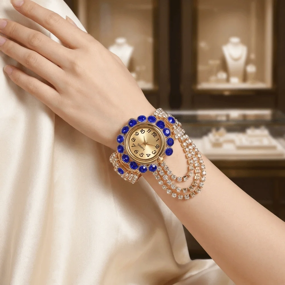 Rose Gold Ladies Wristwatch Stainless Steel Shiny Rhinestone Quartz Watch Adjustable Lightweight Rose Gold Bracelet Watch Women