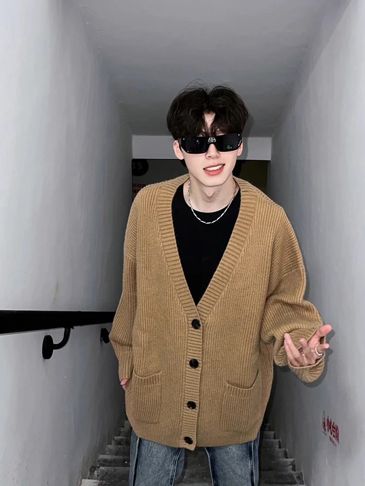 

Retro Camel Knitted Cardigan Long Sve V-Ne Spring Autumn Men's Sle Korean Outerwear Comfortable Breathable Casual Wear