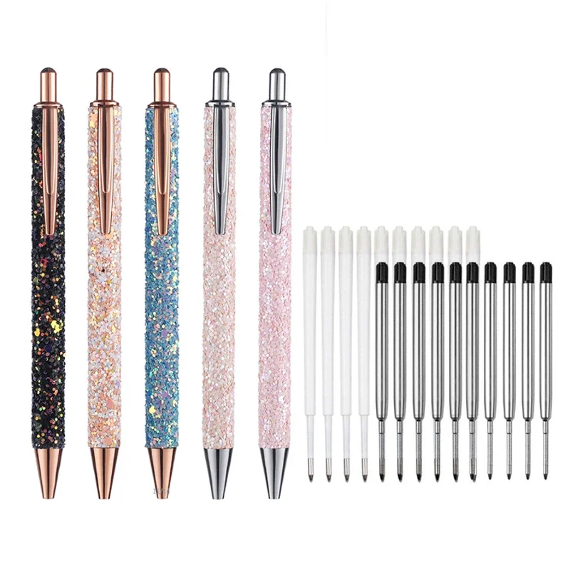 

11pcs/set Glitter Sequin Metal Pen 1.0mm Black Refill Rod Retractable Ballpoint Pen for School Office Stationery Gift Office