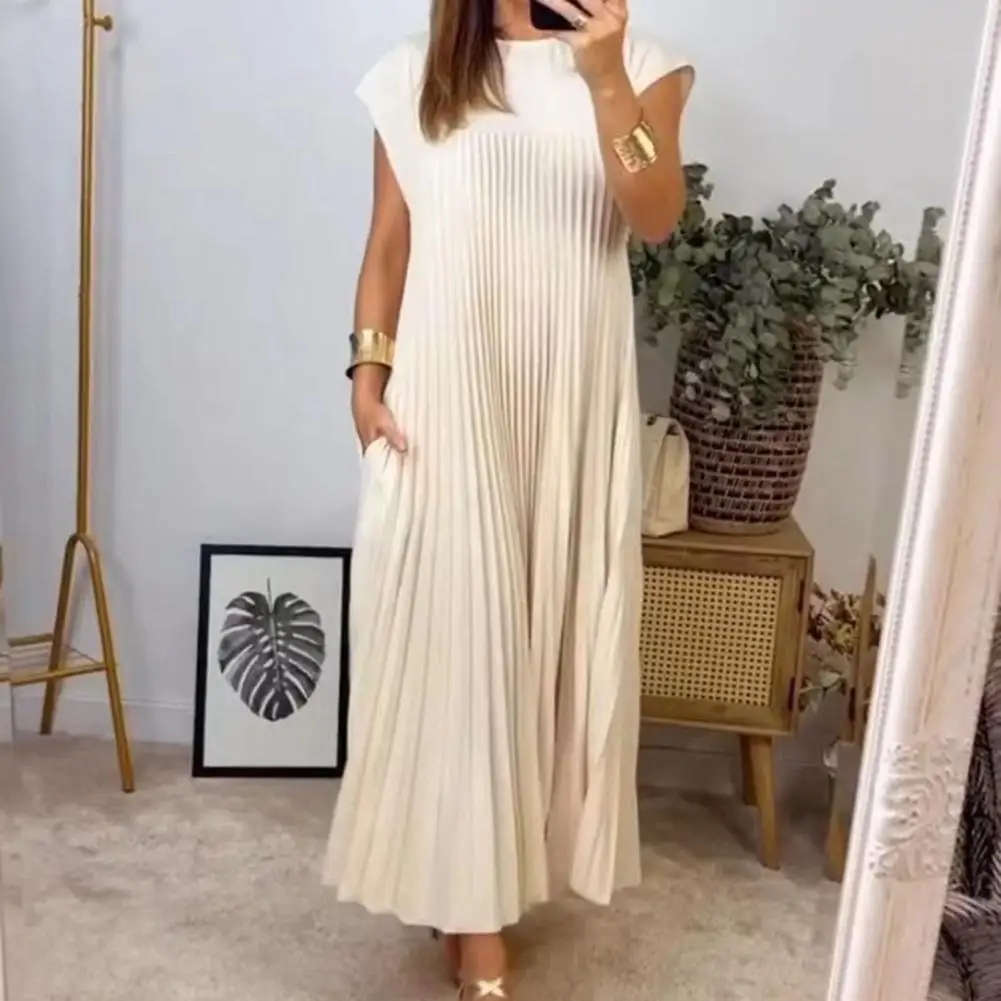 

Women Summer Dress Solid Color Pleated Round Neck Midi Dress Loose A-line Sleeveless Mid-calf Length Summer Commute Dress