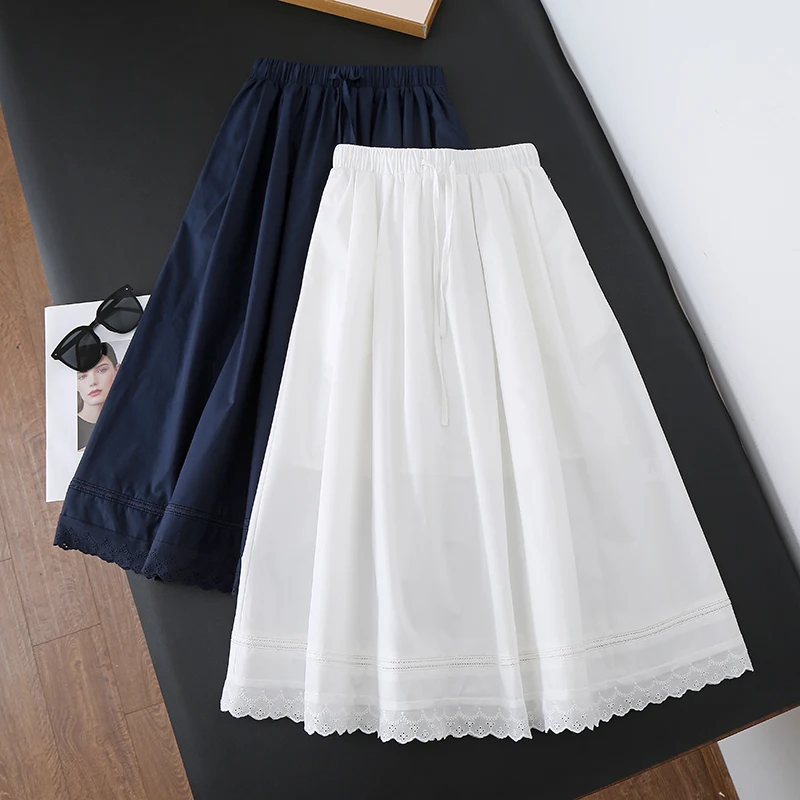 

High Waist Dstring Lace Trim A-Line Midi Skirt Women's Spring Summer Elastic Waisand Japanese Sle f Body Skirt