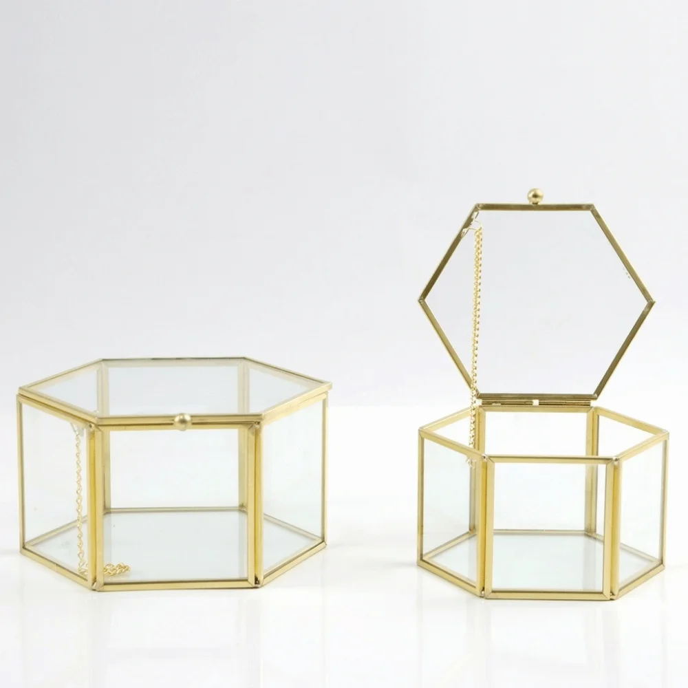 Accessories Storage Hexagon Glass Storage Box with Lid Transparent Display Case Jewelry Organizer Gift