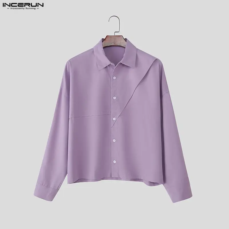INCERUN 남성 셔츠 솔리드 컬러 라펠 긴 소매 버튼 루즈 크롭 탑 남성 스트리트웨어 한국 스타일 패션 캐주얼 남성 의류