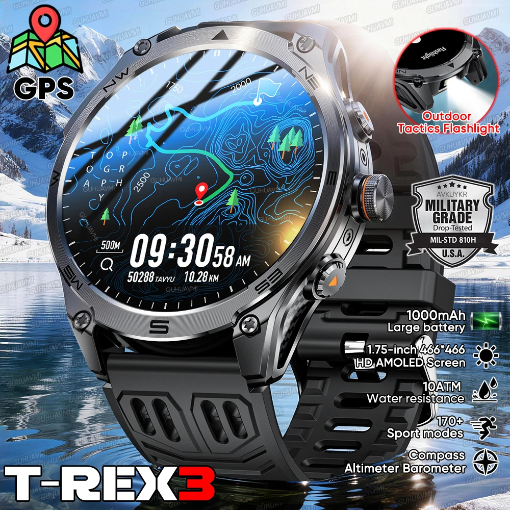

2026 Outdoor Military GPS 1000mAh Battery SmartWatch 10ATM Compass LED Flashlight Heart Rate Wireless Call Men Sports Smartwatch