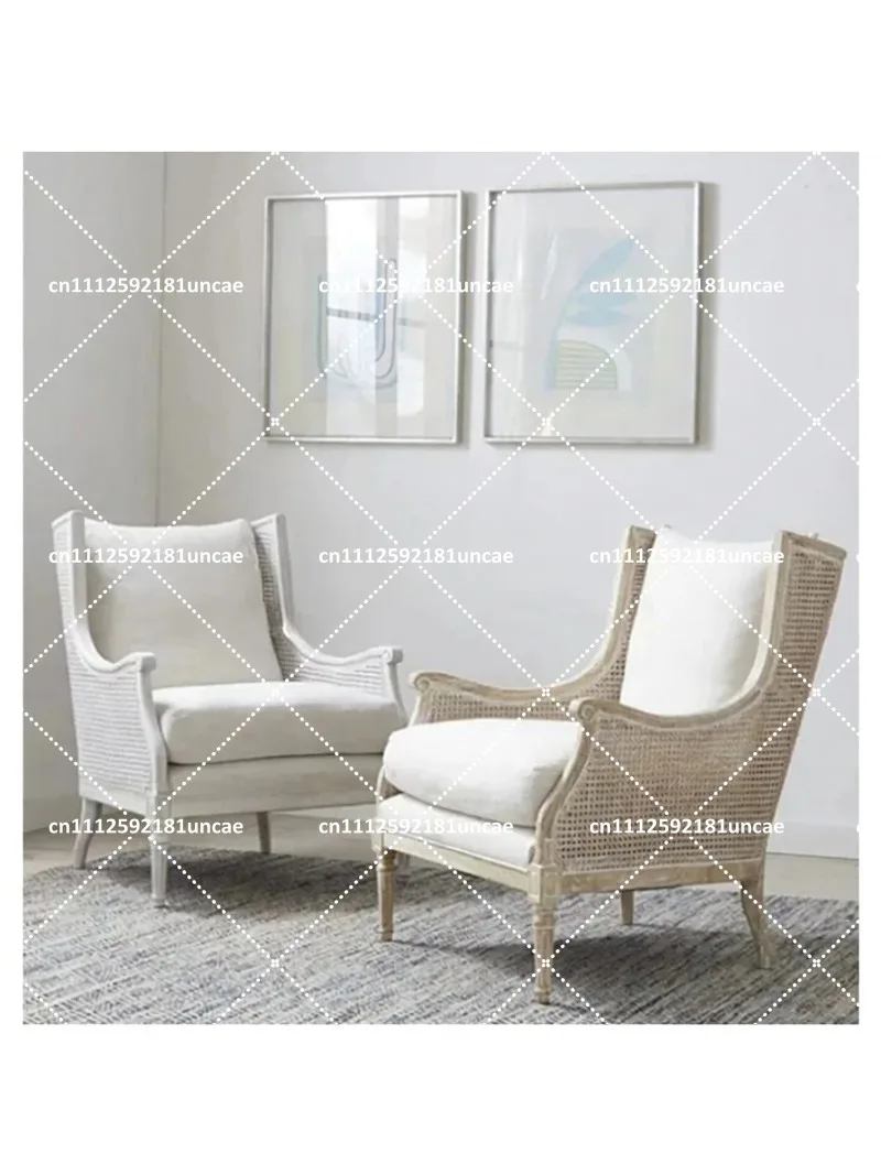 Solid Wood Rattan Accent Chair Living Room Light Luxury Lounge Seating