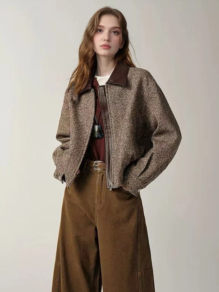 

Retro Splicing Collar ort Barn Jaet Women's Outerwear 2025 Autumn New Sle Stand Fit Ladies' Coat Other Material 00%