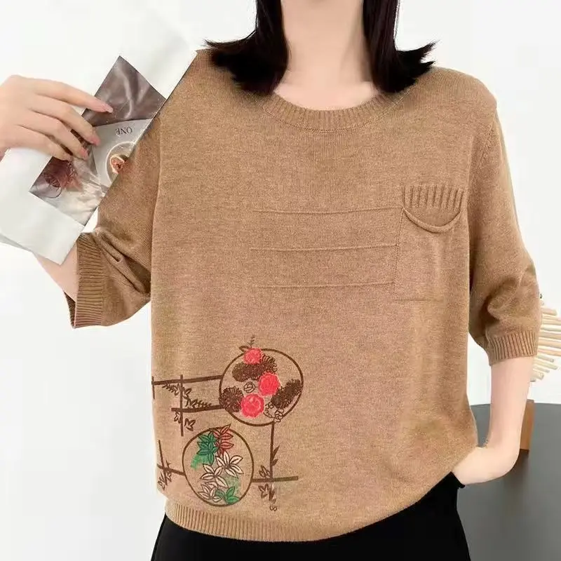 

Summer Chinese Style Round Neck Mid-sleeved Sweater Mother Outfit Loose Slimming Single Pocket Printed T-shirt Casual Top