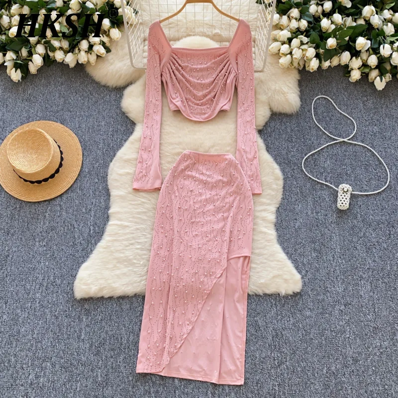 

HKSH Spring Summer New Women Tide High Street Sexy Embroidered Flares Diamonds Crop Top Split Bodycon Skirt Two-Piece Set HK6151