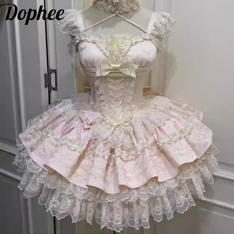 Dophee الأصلي الحلو فتاة لوليتا فستان سهرة المرأة فستان الأميرة القصير لطيف القوس أنيقة الدانتيل الطلاب منتفخ فستان الكبار