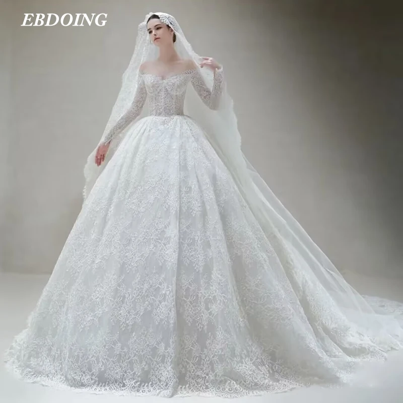 Newest Wedding Dress Ball Gown Lace Sweetheart Neckline Off The Shoulder Long Sleeves Custom Made Plus Sizes Vestidos De Novias