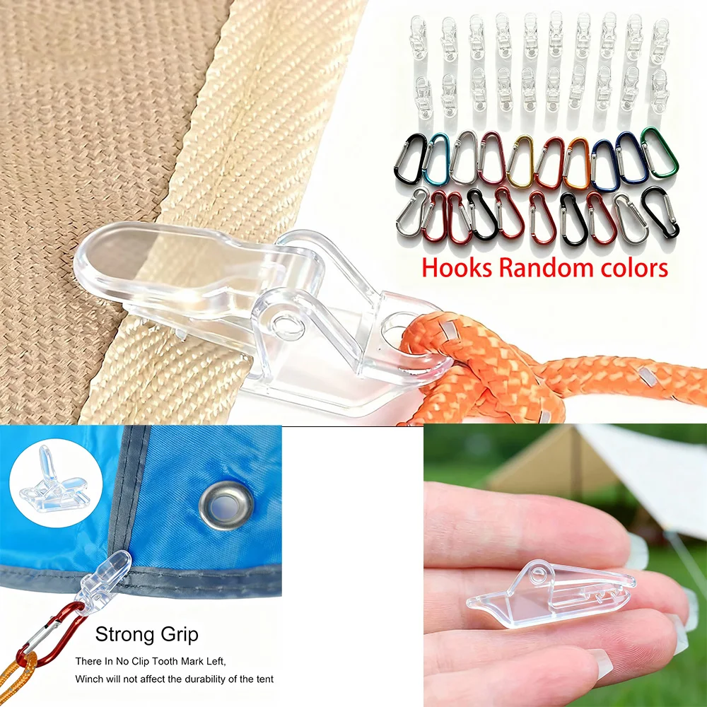 Outdoor Tent Fixing Clips, Additional Tension Anchor Points, Alligator Clips, Outdoor Camping Canopy Hooks, Windproof Paracord Fixing Clips, Transparent Alligator Clips, 20+10 Random Color Gourd Buckles + 10 D-Rings, Multi-Purpose Tent Clips, with Strong Grip, Suitable for Outdoor Camping Tent Fixing, Sunshades, Outdoor Camping and Car Covers, Essential for Outdoor Camping, Sturdy Structure