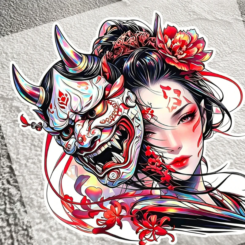 1PC JDM Geisha & Oni Mask Reflective Vinyl Sticker, 2D Decal for Car, Motorcycle Fuel Tank & Helmet Decor
