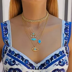 New Goth Turquoise White Opal Evil Eye Pendant Necklace Colour Enamel Shiny Zircon Geometric Choker Natural Stone Turkey Jewelry
