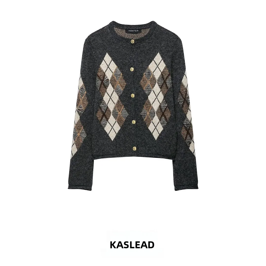 KASLEAD New Women's High-End Diamond Pattern Knitted Jacket Polyester Fiber Long Sleeve Short Style Button Closure Autumn Season