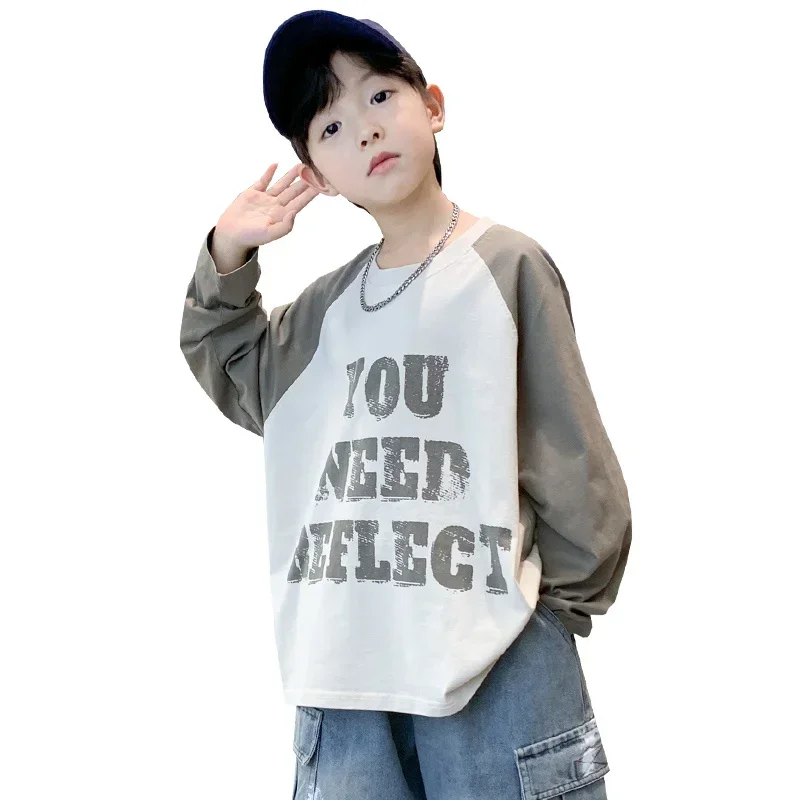 2024 New Arrivals Long Sleeve Tshirts for Boys Grey Color Tees Tops Spring Autumn Cotton Clothes Teenager Loose Letter T-Shirt