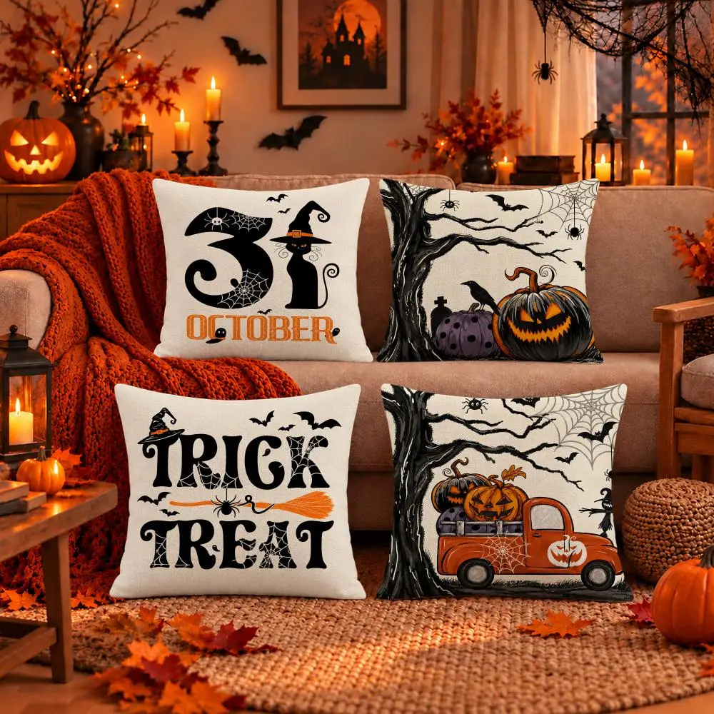 Art Halloween Spooky Farmhouse Typography Cushion Cover Dark Gothic Plush Pillow Covers for Sofa Bedroom Home Decor