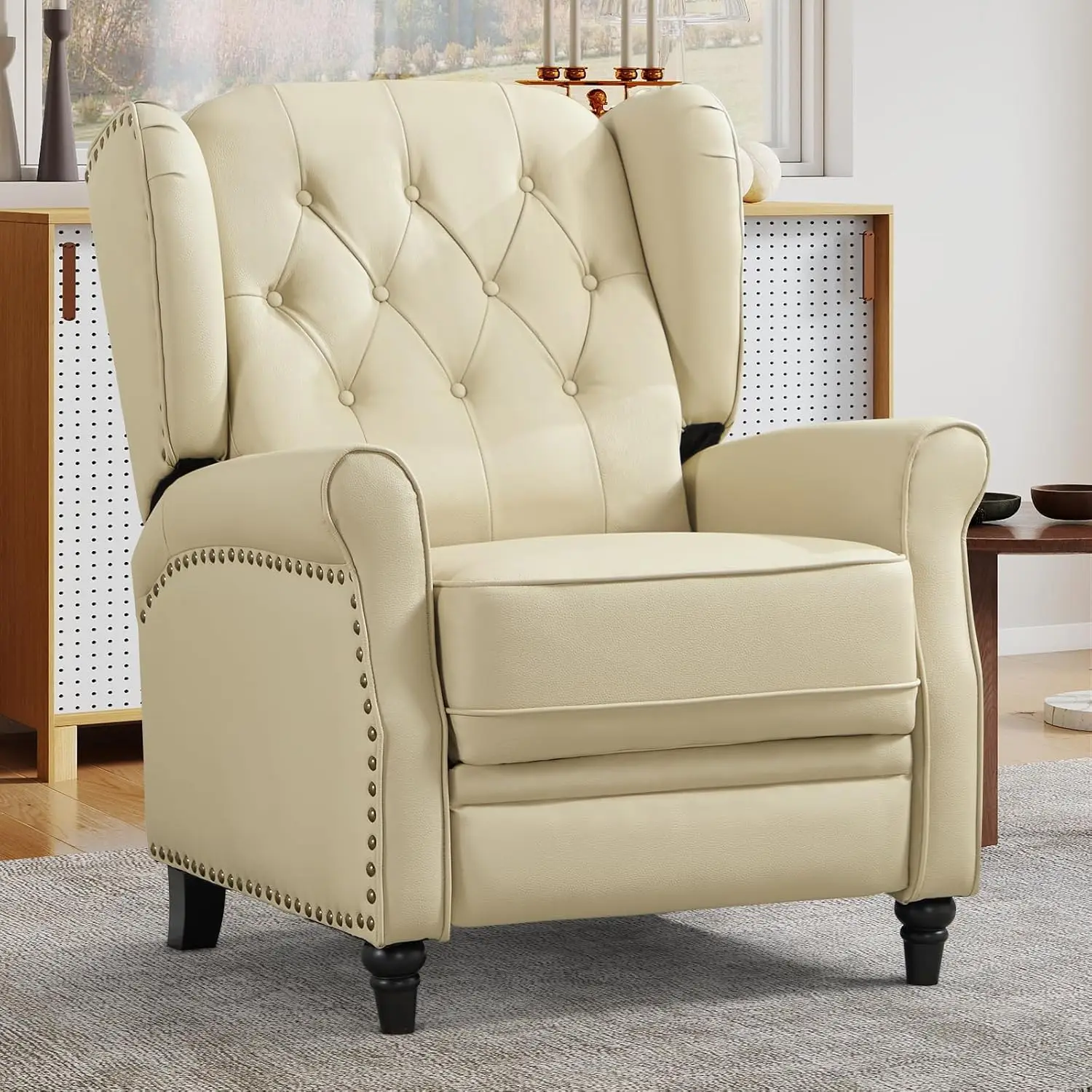 Genuine Leather Recliner, Push Back with Rivet & Tufted Wingback, Mid Century Accent Chair for Living Room, Beige, Customized