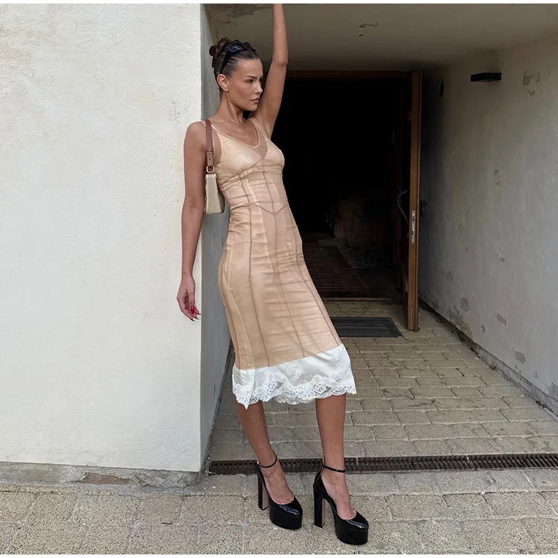 2026 Summer Sheer Mesh Overlay Spaghetti Strap Midi Dress Waist Cinched Sleeveless Women Accessories Versatile Chic Lady Outfit