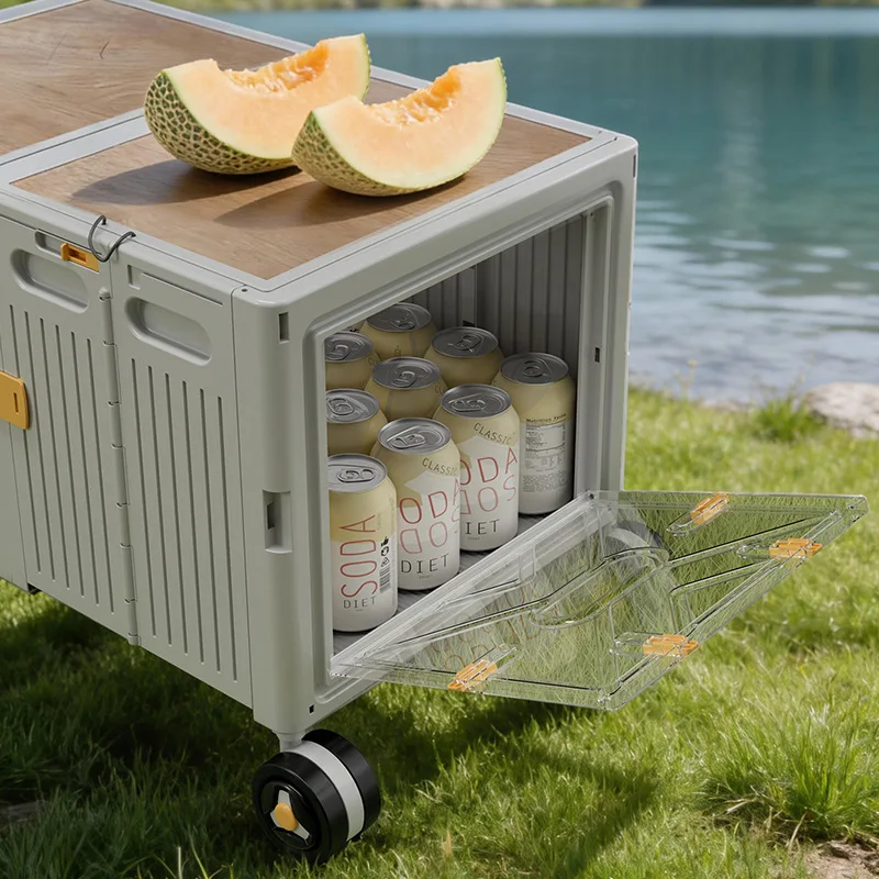 Outdoor camping folding storage box with wooden cover removable car picnic fishing multi-functional storage finishing box