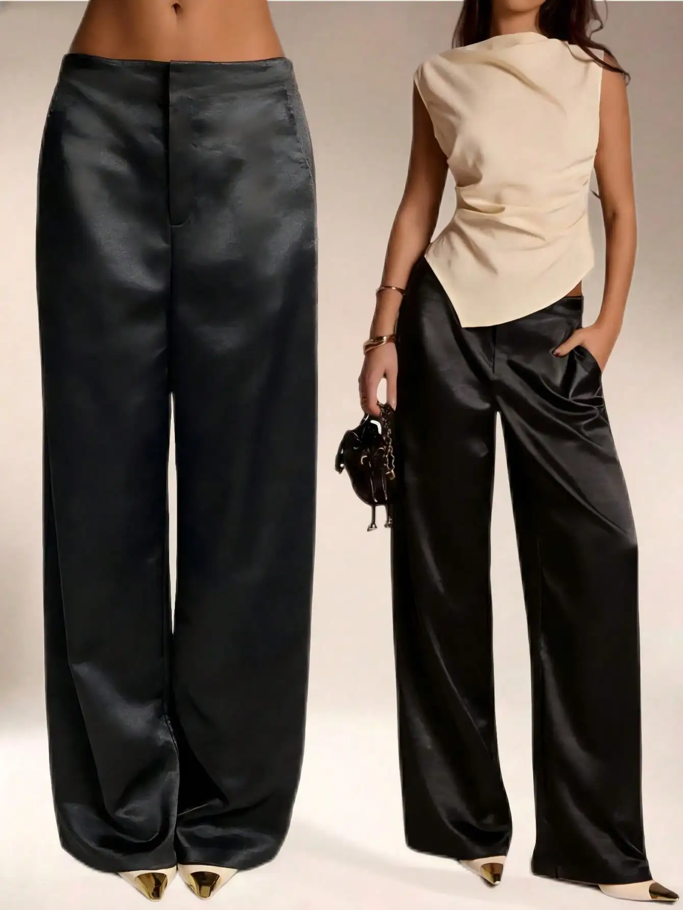 

Женские атласные брюки с широкими штанинами, карманами и молнией, с высокой талией, на все сезоны