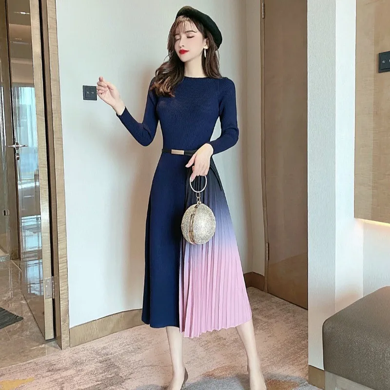 New Lady Elegant Knitted Patchwork Gradient Pink Pleated Dress Women Long Sleeve Sweater Office One-Piece Midi Dress With Belt