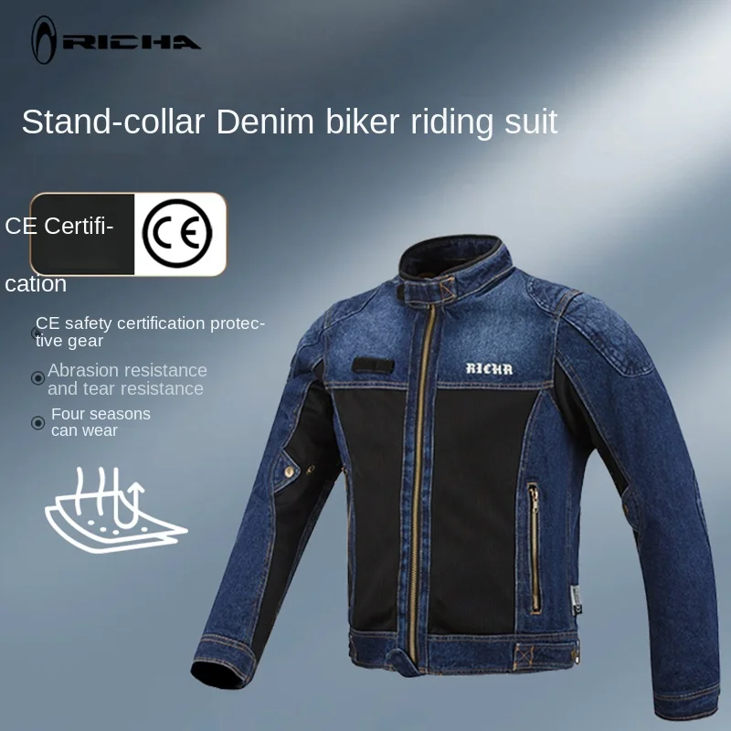 

RICHA Motorcycle Jacket Summer Mesh Jacket Ventilation Fall Prevention Retro Style Denim Motorcycle Jacket Adventure Riding Gear