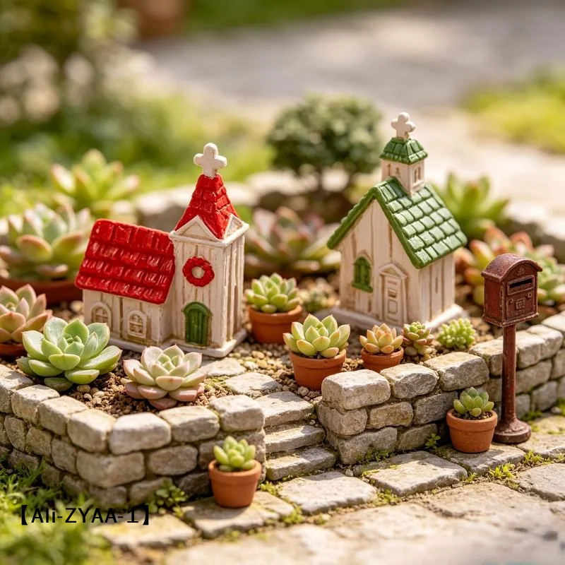 【A】Green/Red Roof House Miniature Model Mini Resin Christmas Village Church Figurines Garden Scene Ornament Photography Prop