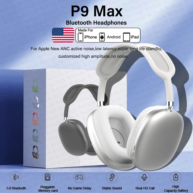 Original P9 Pro Max Wireless Bluetooth Headphones Noise Cancelling Sports Gaming Headset For Airpodding Apple iPhone Headphones