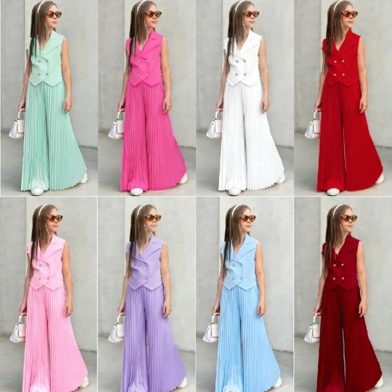 Kids Girls Sleeveless Suit Long Trousers Clothing Sets 2026 New Fashion European American Style Suit Pleated Wide Leg Pants Set