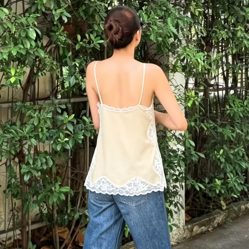 Lace Camisole Tops For Women Sexy Side Split Laced Tank Top Elegant Women's Tops Summer Vintage Y2K Slip Top Female Street Style