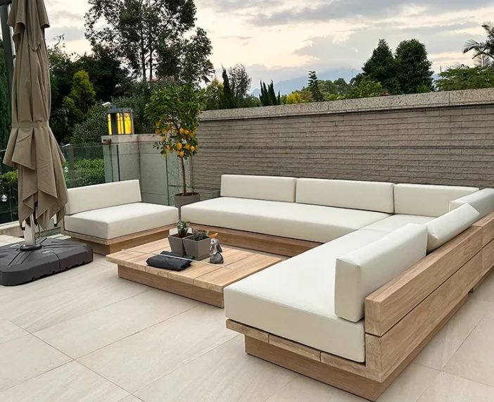 Stylish Minimalist Nordic L Shaped Teak Rattan Sofa Set Sun Resistant Outdoor Furniture For Villa Hotel Courtyard Decor